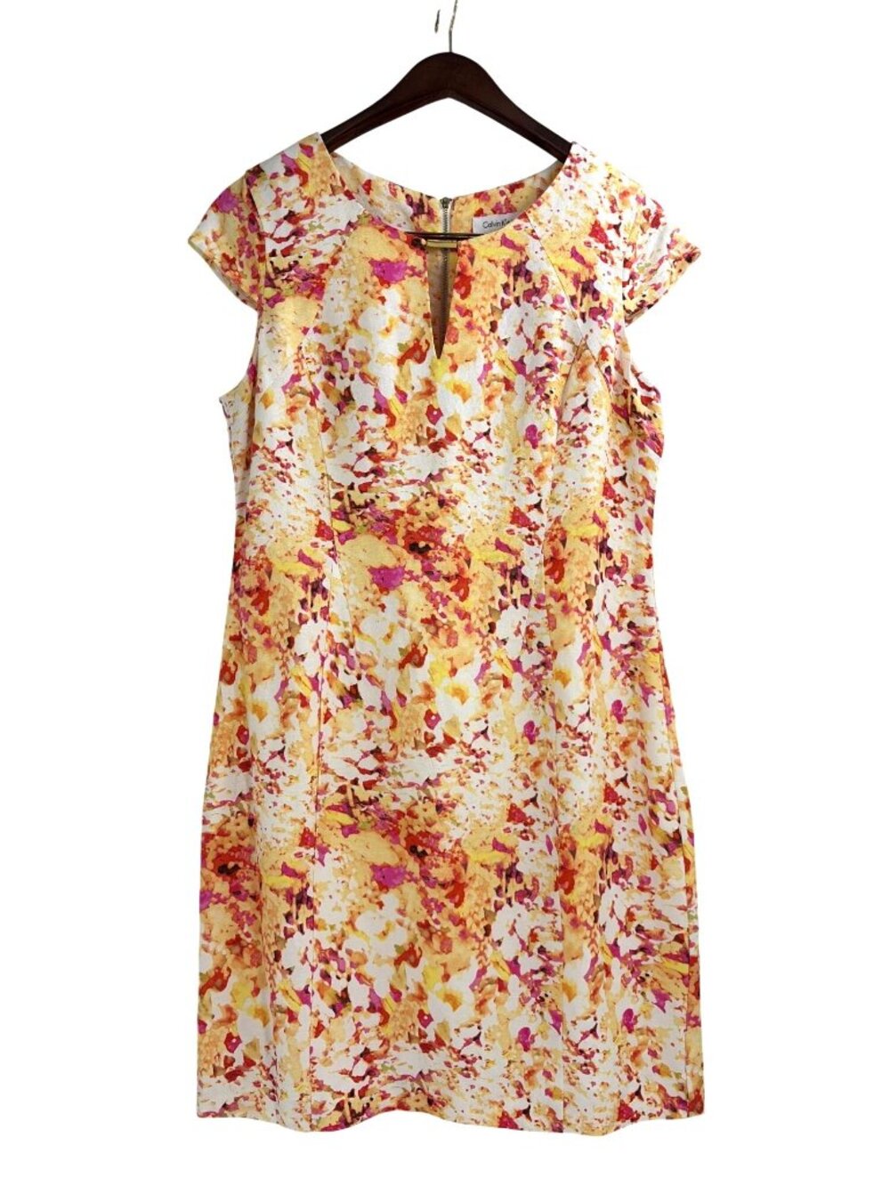 Calvin Klein Womens Size 14 Cap Sleeve Linen Blend Dress Yellow Orange Career